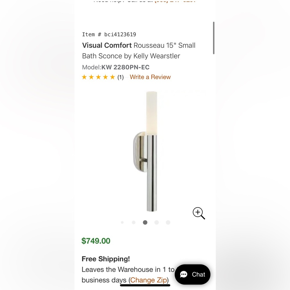 Rousseau 15" Small Bath Sconce by Kelly Wearstler - Chrome with White Shade